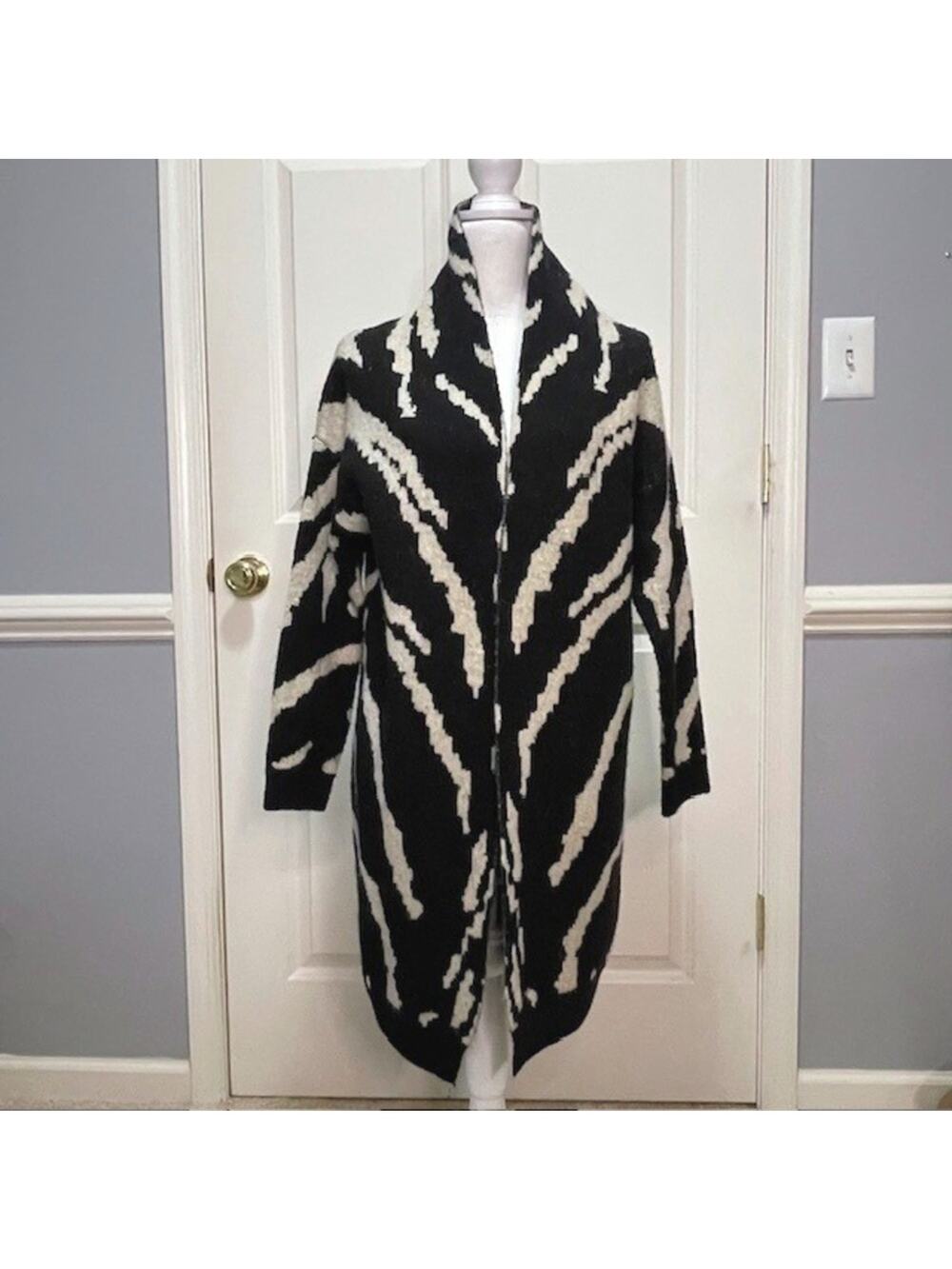 Cliché Couture Long Zebra Print Cardigan Sweater Coat Black Cream Med Statement